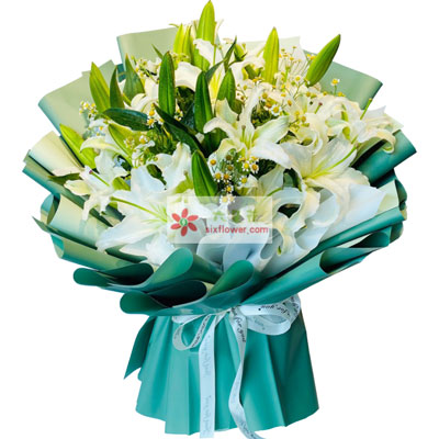 日照8支白色多头百合洋甘菊，如潮的思念